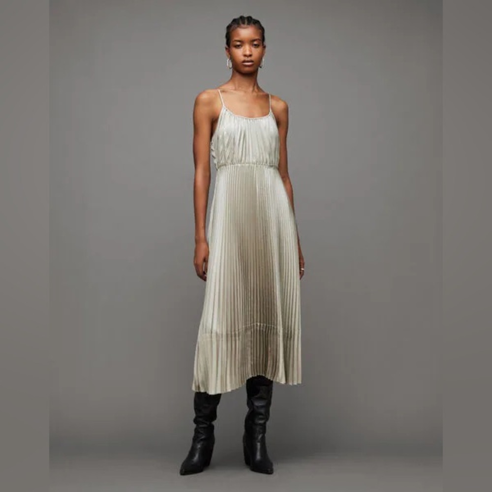 NWOT AllSaints Silvi Pleated Champagne Midi Slip Dress – Size Small - Picture 3 of 9